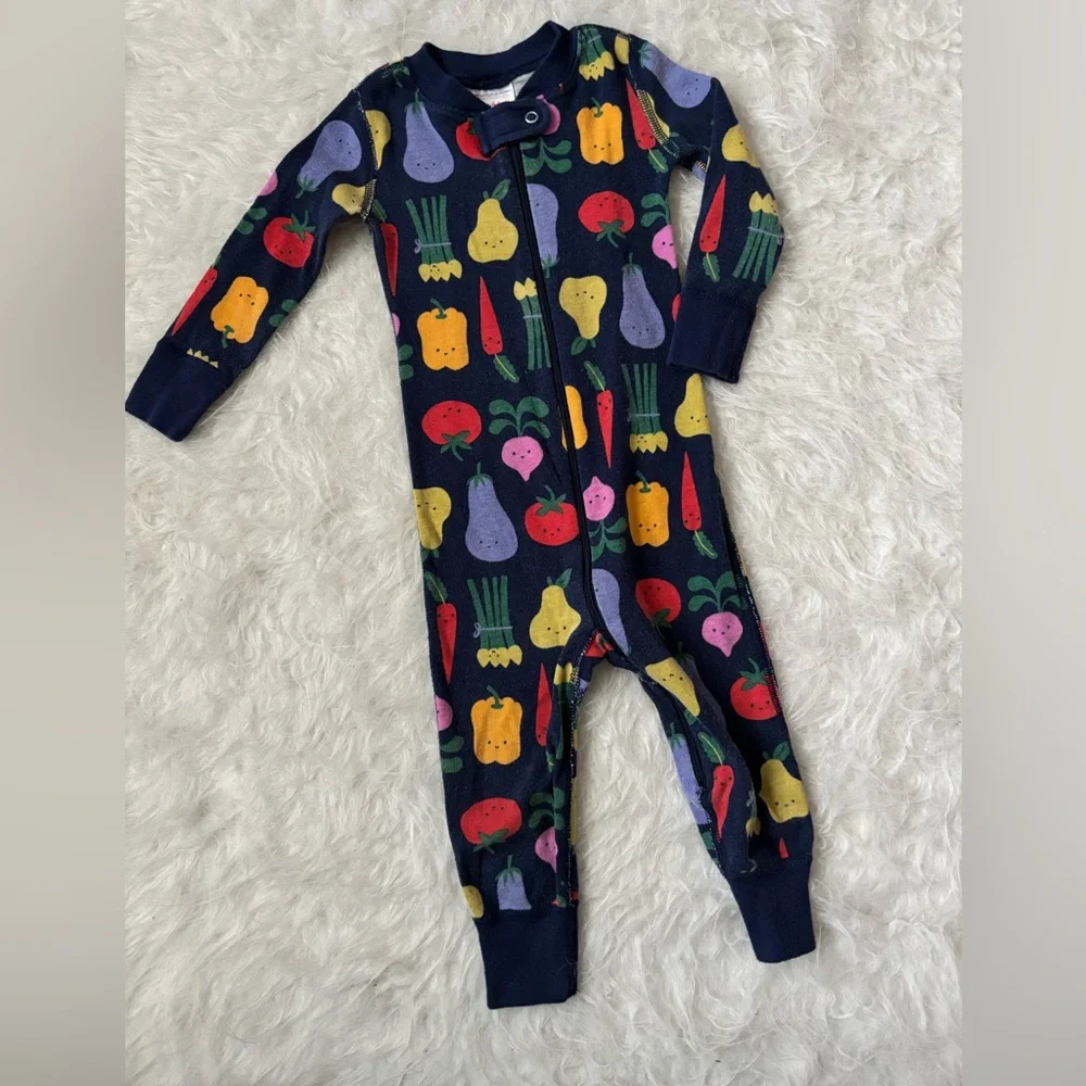 Hanna Andersson Navy Zip One-Piece with Colorful Fruit & Veggie Print - Picture 1 of 3
